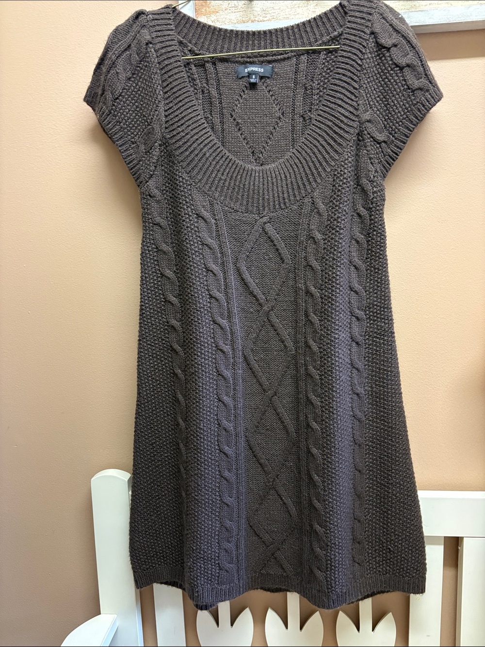 Express Brown Cable-Knit Short Sleeve Sweater Dress